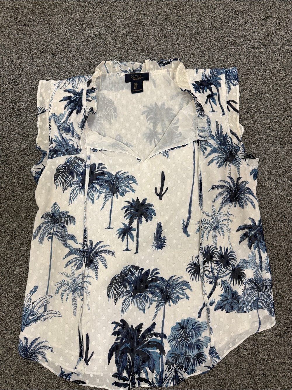 Rachel White and Blue Palm-Print Sleeveless Camisole